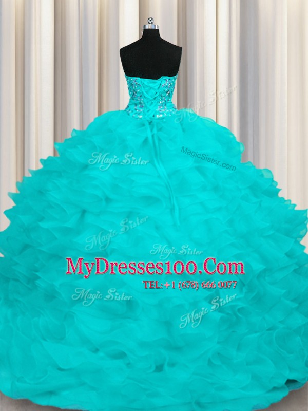 Edgy Aqua Blue Lace Up Quinceanera Gown Beading and Ruffles Sleeveless With Train Sweep Train