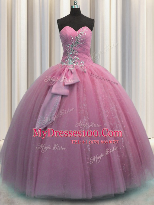 Pretty Sequins Bowknot Floor Length Ball Gowns Sleeveless Rose Pink Quinceanera Dress Lace Up