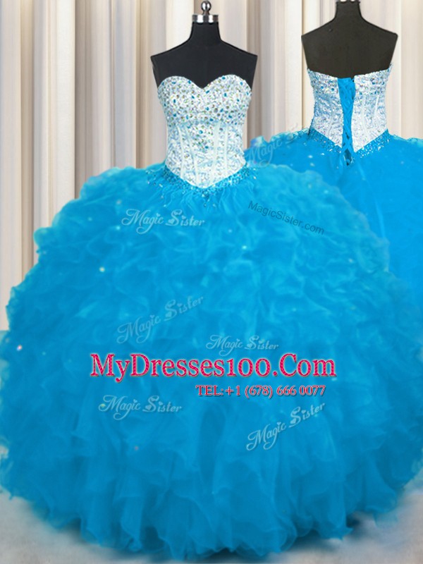 Sweetheart Sleeveless Sweet 16 Dress Floor Length Beading and Ruffles Baby Blue Tulle