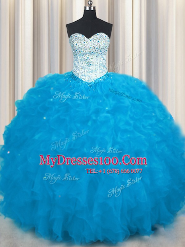 Sweetheart Sleeveless Sweet 16 Dress Floor Length Beading and Ruffles Baby Blue Tulle