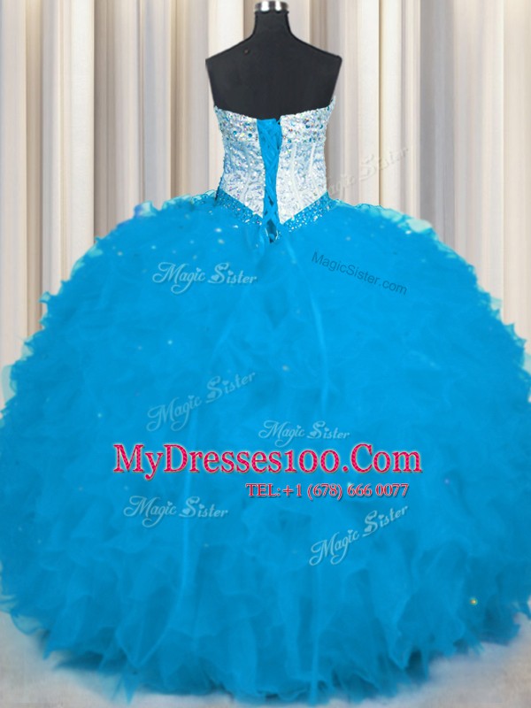Sweetheart Sleeveless Sweet 16 Dress Floor Length Beading and Ruffles Baby Blue Tulle