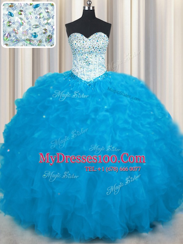 Sweetheart Sleeveless Sweet 16 Dress Floor Length Beading and Ruffles Baby Blue Tulle
