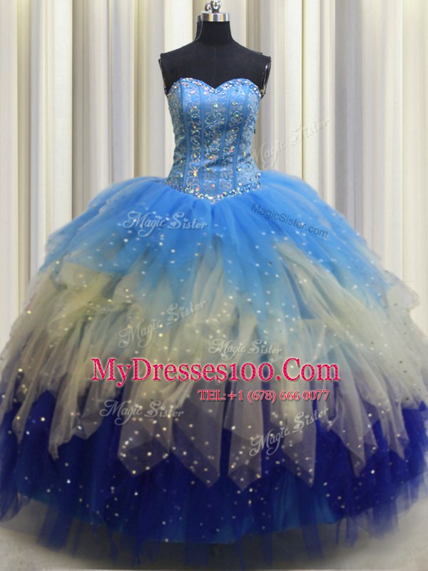 Dynamic Visible Boning Sleeveless Floor Length Beading and Ruffles and Sequins Lace Up 15 Quinceanera Dress with Multi-color