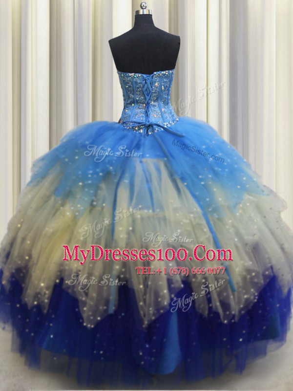 Dynamic Visible Boning Sleeveless Floor Length Beading and Ruffles and Sequins Lace Up 15 Quinceanera Dress with Multi-color