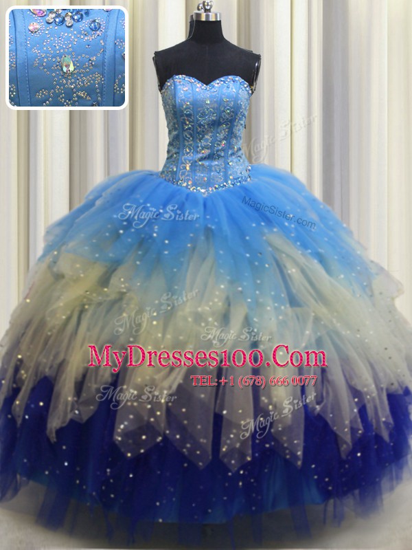 Dynamic Visible Boning Sleeveless Floor Length Beading and Ruffles and Sequins Lace Up 15 Quinceanera Dress with Multi-color