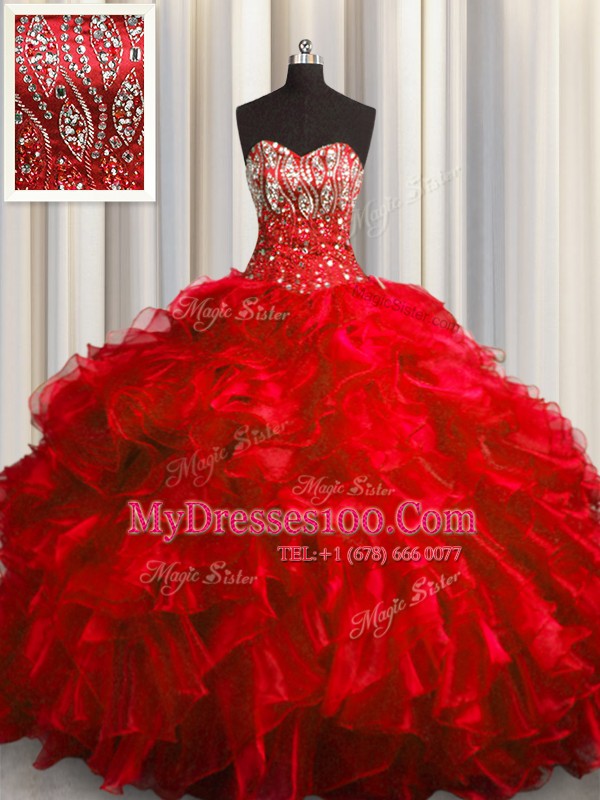 Beading and Ruffles Quinceanera Gown Red Lace Up Sleeveless With Brush Train