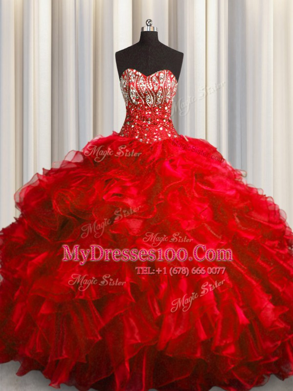 Beading and Ruffles Quinceanera Gown Red Lace Up Sleeveless With Brush Train
