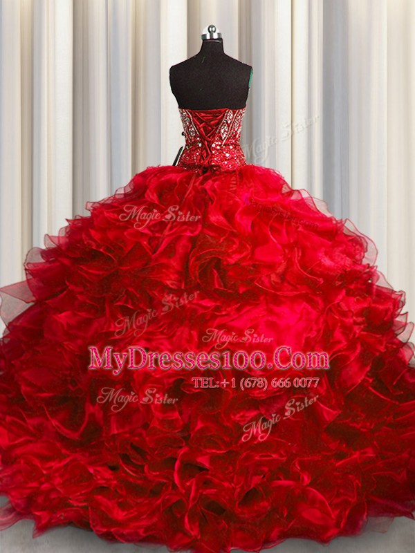Beading and Ruffles Quinceanera Gown Red Lace Up Sleeveless With Brush Train