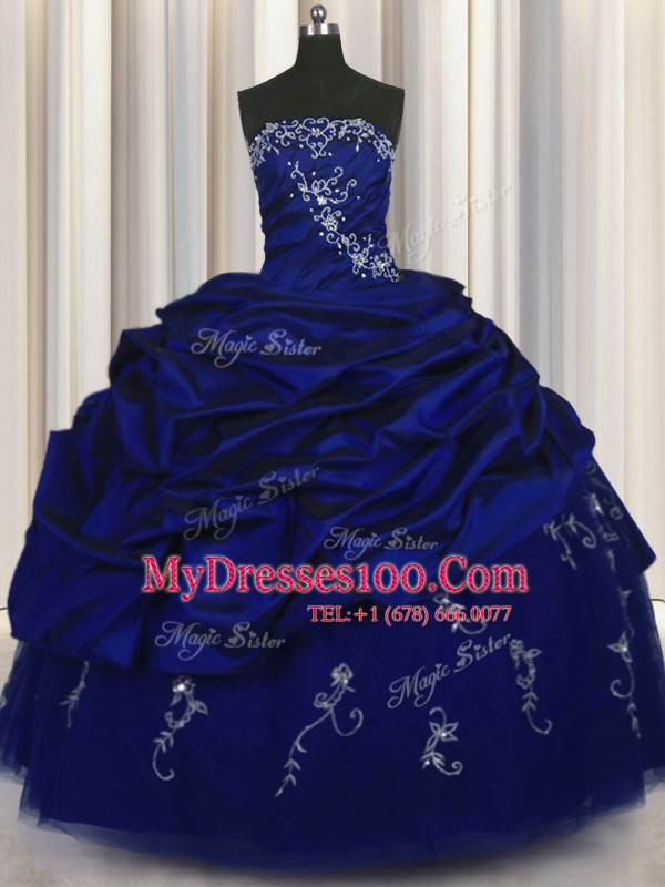 Beauteous Floor Length Royal Blue Quinceanera Dresses Taffeta Sleeveless Beading and Embroidery and Pick Ups
