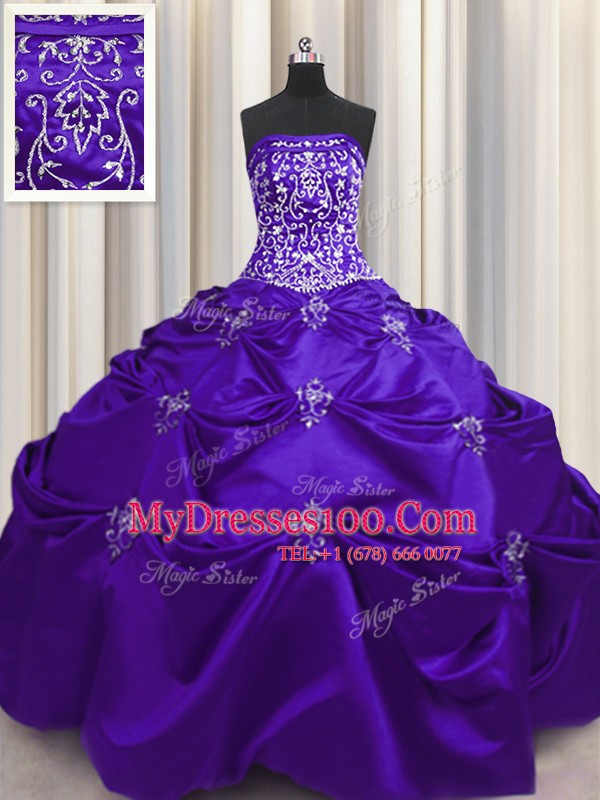 Excellent Strapless Sleeveless Taffeta Quinceanera Dresses Beading and Appliques and Embroidery Lace Up