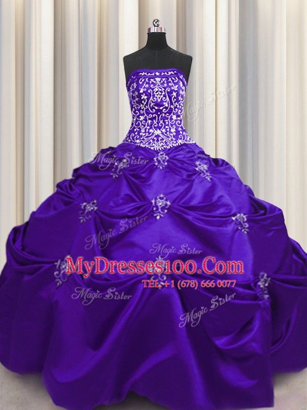 Excellent Strapless Sleeveless Taffeta Quinceanera Dresses Beading and Appliques and Embroidery Lace Up