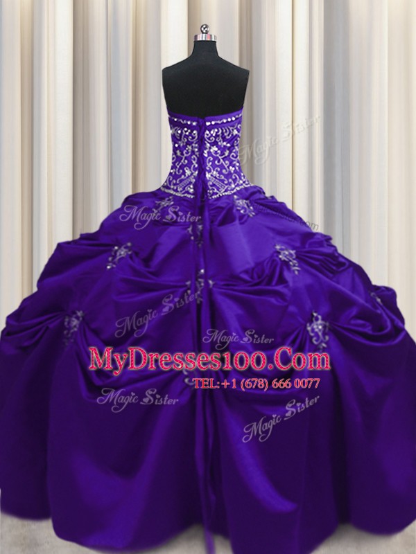 Excellent Strapless Sleeveless Taffeta Quinceanera Dresses Beading and Appliques and Embroidery Lace Up