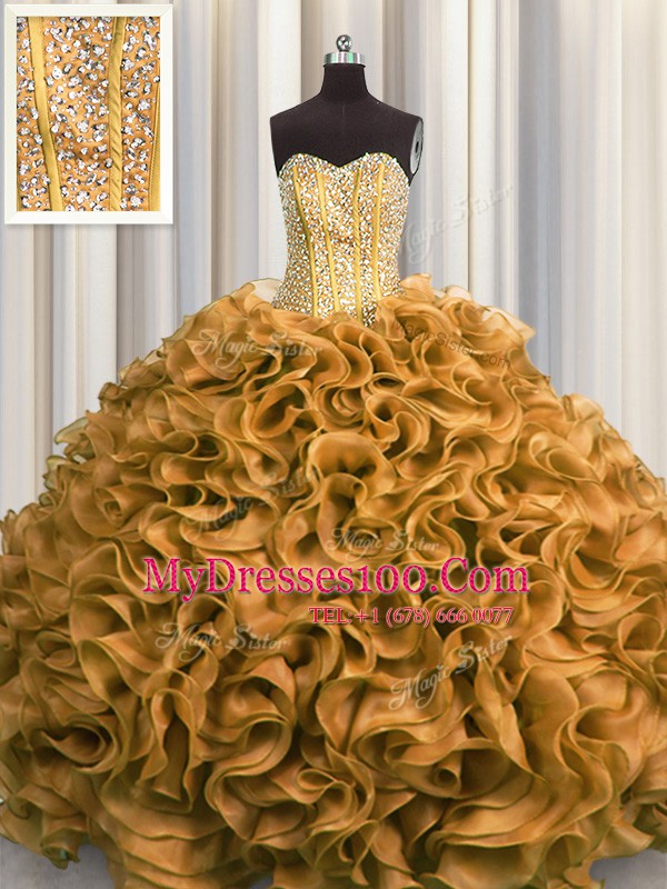 Visible Boning Floor Length Gold 15 Quinceanera Dress Organza Sleeveless Beading and Ruffles