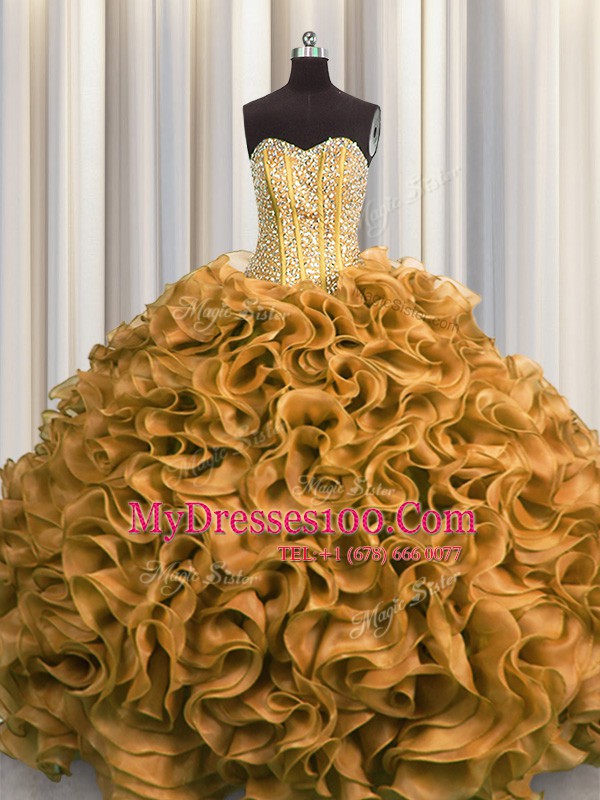 Visible Boning Floor Length Gold 15 Quinceanera Dress Organza Sleeveless Beading and Ruffles