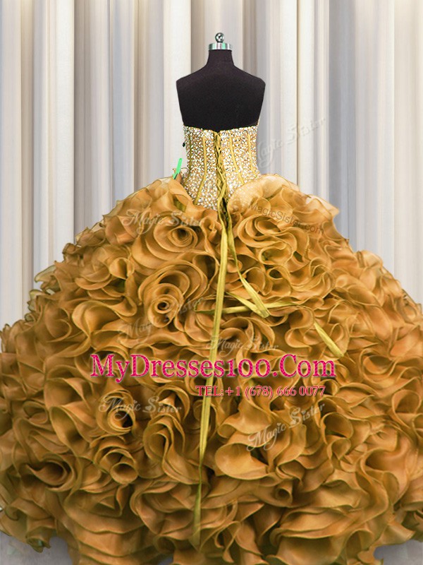 Visible Boning Floor Length Gold 15 Quinceanera Dress Organza Sleeveless Beading and Ruffles