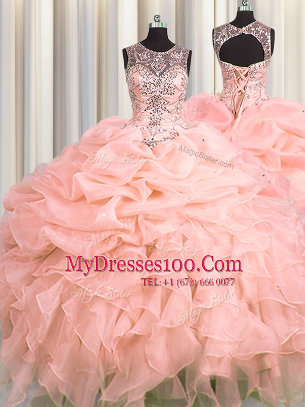 Extravagant See Through Pink Vestidos de Quinceanera Military Ball and Sweet 16 and Quinceanera and For with Beading and Ruffles and Pick Ups Scoop Sleeveless Lace Up