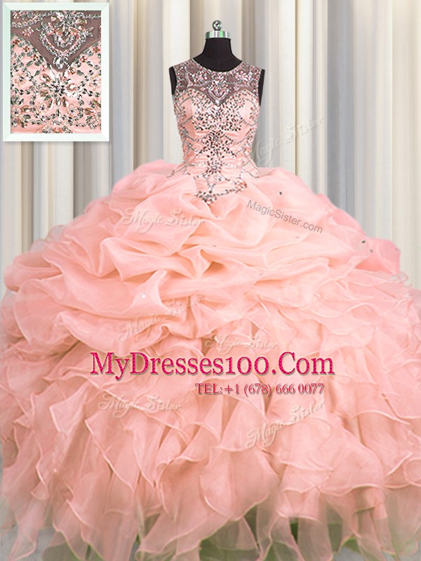 Extravagant See Through Pink Vestidos de Quinceanera Military Ball and Sweet 16 and Quinceanera and For with Beading and Ruffles and Pick Ups Scoop Sleeveless Lace Up