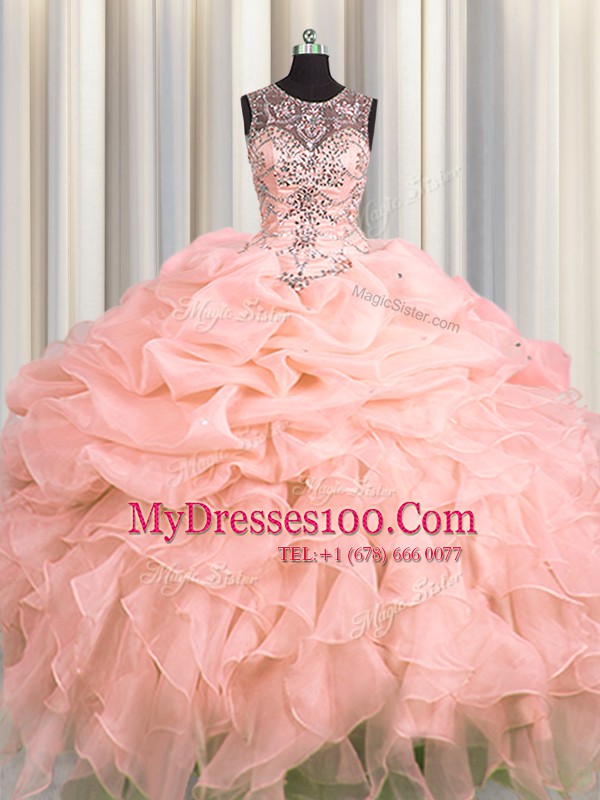 Extravagant See Through Pink Vestidos de Quinceanera Military Ball and Sweet 16 and Quinceanera and For with Beading and Ruffles and Pick Ups Scoop Sleeveless Lace Up