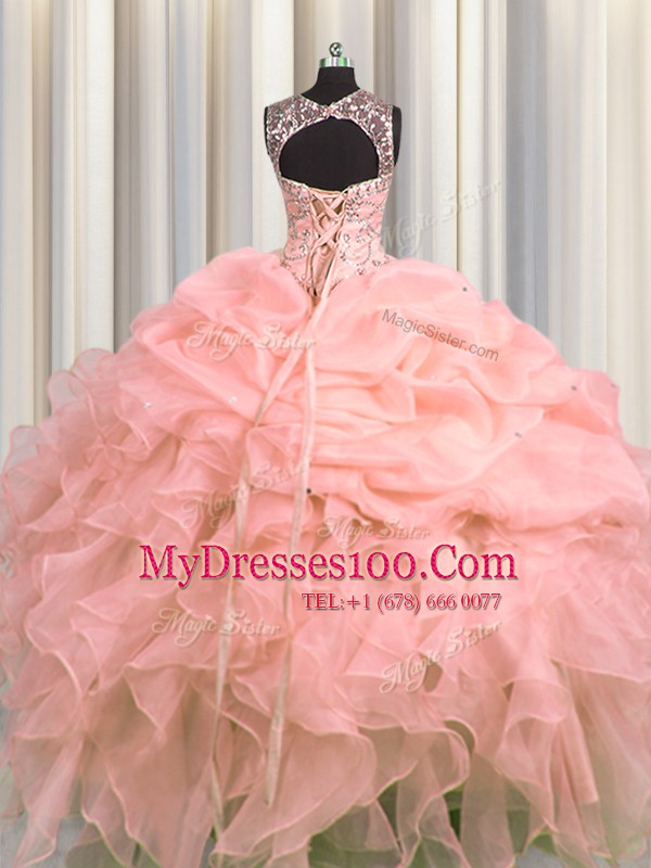Extravagant See Through Pink Vestidos de Quinceanera Military Ball and Sweet 16 and Quinceanera and For with Beading and Ruffles and Pick Ups Scoop Sleeveless Lace Up