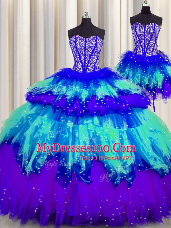 Unique Three Piece Visible Boning Ball Gowns 15th Birthday Dress Multi-color Sweetheart Tulle Sleeveless Floor Length Lace Up