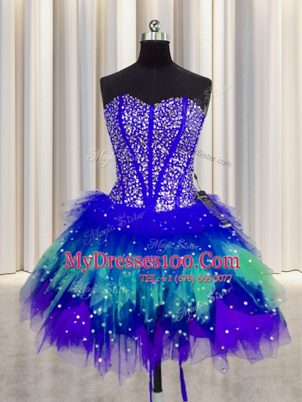 Unique Three Piece Visible Boning Ball Gowns 15th Birthday Dress Multi-color Sweetheart Tulle Sleeveless Floor Length Lace Up