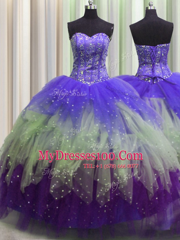High Quality Visible Boning Sweetheart Sleeveless Lace Up 15 Quinceanera Dress Multi-color Tulle