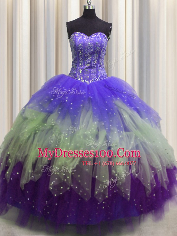 High Quality Visible Boning Sweetheart Sleeveless Lace Up 15 Quinceanera Dress Multi-color Tulle