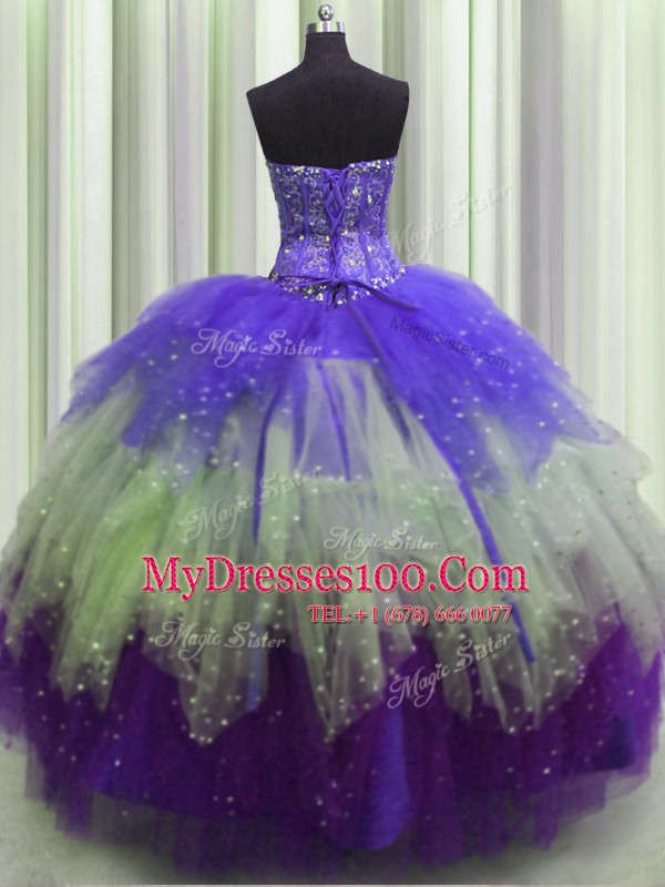 High Quality Visible Boning Sweetheart Sleeveless Lace Up 15 Quinceanera Dress Multi-color Tulle
