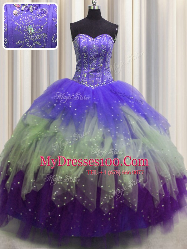 High Quality Visible Boning Sweetheart Sleeveless Lace Up 15 Quinceanera Dress Multi-color Tulle