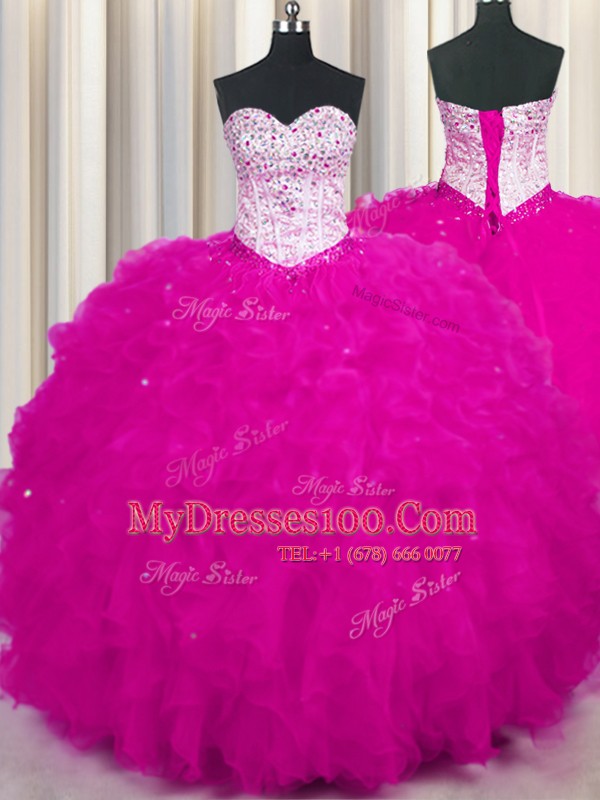Beauteous Fuchsia Lace Up Sweetheart Beading and Ruffles Vestidos de Quinceanera Tulle Sleeveless