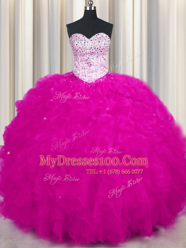 Beauteous Fuchsia Lace Up Sweetheart Beading and Ruffles Vestidos de Quinceanera Tulle Sleeveless