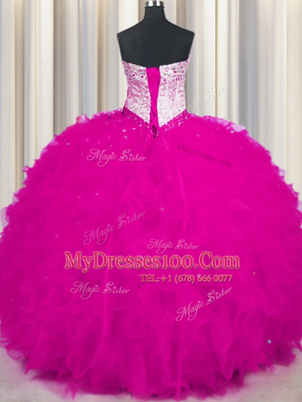 Beauteous Fuchsia Lace Up Sweetheart Beading and Ruffles Vestidos de Quinceanera Tulle Sleeveless