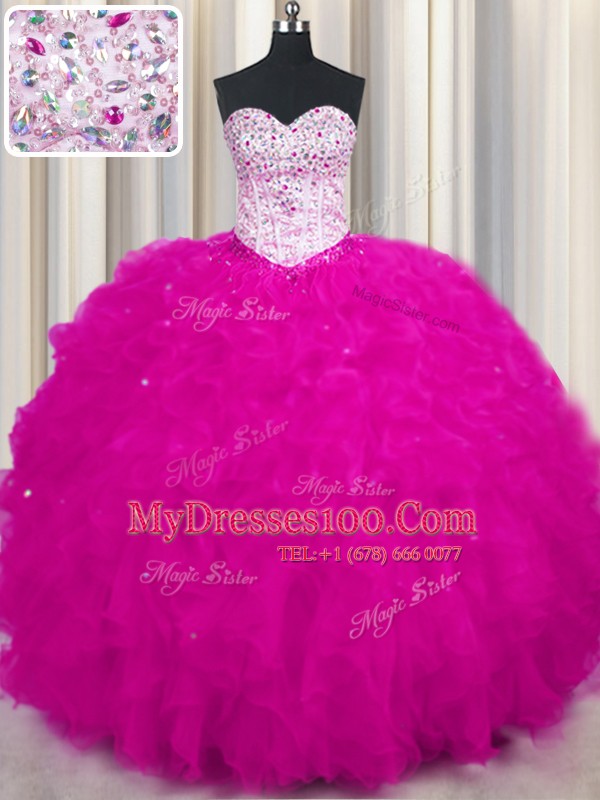 Beauteous Fuchsia Lace Up Sweetheart Beading and Ruffles Vestidos de Quinceanera Tulle Sleeveless