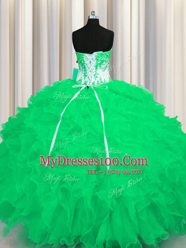 Super Floor Length Lace Up Sweet 16 Dress Turquoise for Military Ball and Sweet 16 and Quinceanera with Appliques and Ruffles