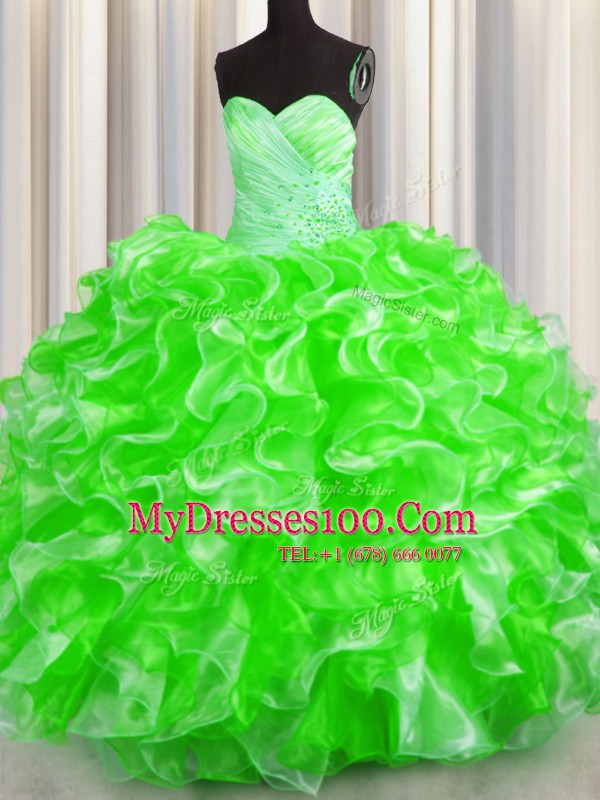 Ball Gowns Sweetheart Sleeveless Organza Floor Length Lace Up Beading and Ruffles 15 Quinceanera Dress
