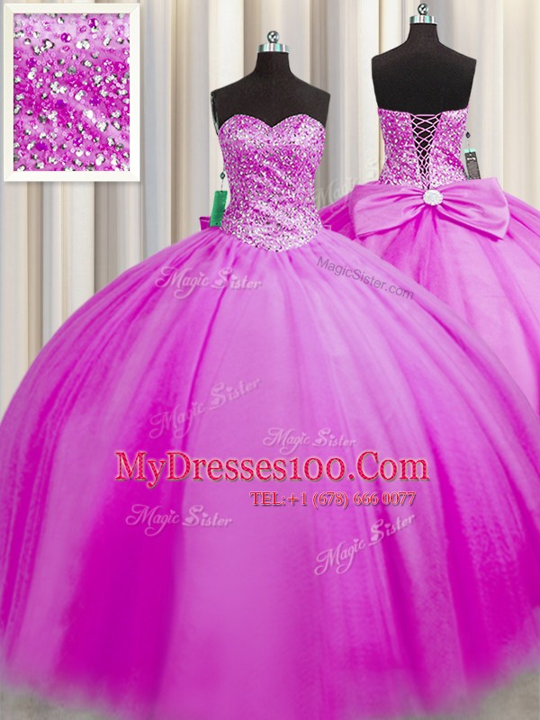 Pretty Really Puffy Fuchsia Ball Gowns Beading 15 Quinceanera Dress Lace Up Tulle Sleeveless Floor Length