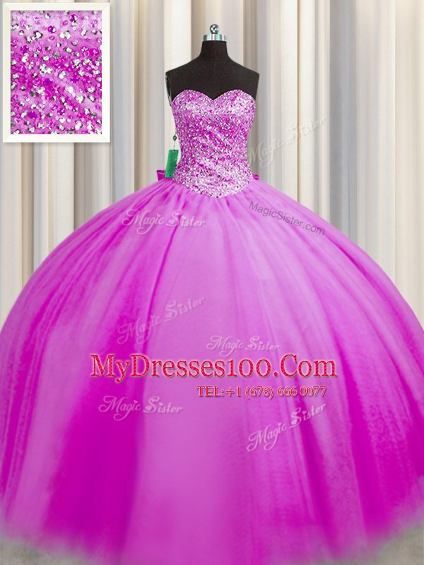 Pretty Really Puffy Fuchsia Ball Gowns Beading 15 Quinceanera Dress Lace Up Tulle Sleeveless Floor Length
