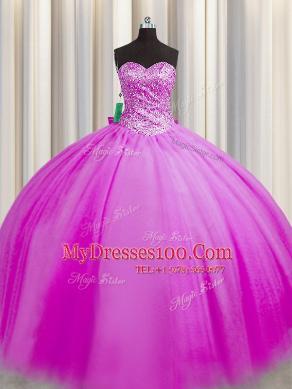 Pretty Really Puffy Fuchsia Ball Gowns Beading 15 Quinceanera Dress Lace Up Tulle Sleeveless Floor Length