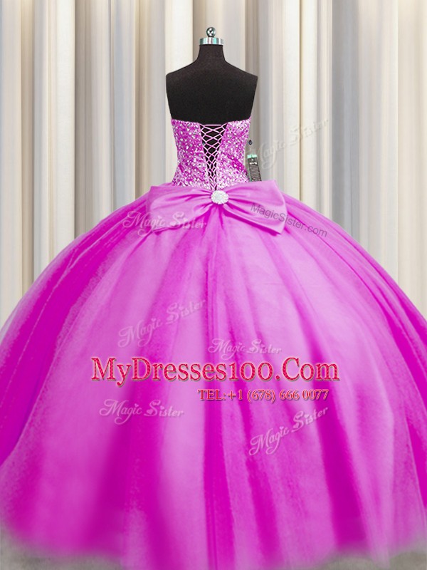 Pretty Really Puffy Fuchsia Ball Gowns Beading 15 Quinceanera Dress Lace Up Tulle Sleeveless Floor Length