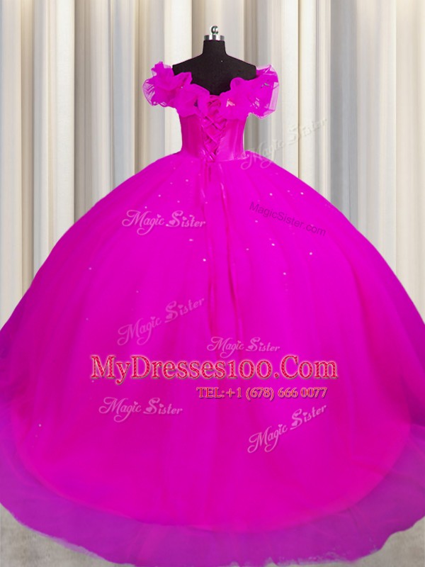 Off The Shoulder Short Sleeves Court Train Lace Up 15 Quinceanera Dress Fuchsia Tulle