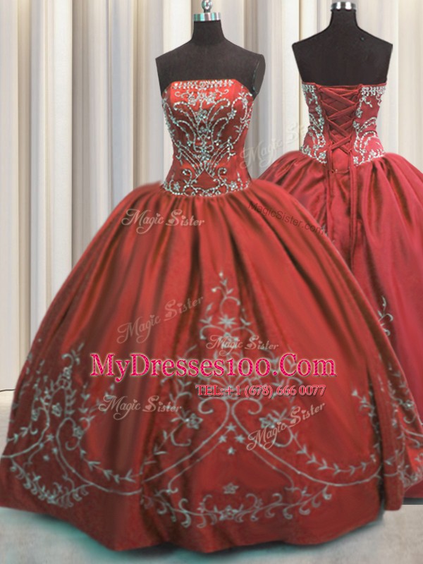 Wine Red Strapless Lace Up Beading and Embroidery Ball Gown Prom Dress Sleeveless