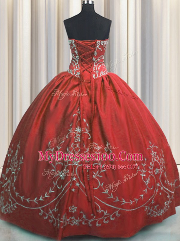 Wine Red Strapless Lace Up Beading and Embroidery Ball Gown Prom Dress Sleeveless