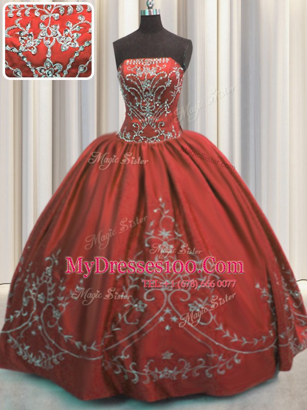 Wine Red Strapless Lace Up Beading and Embroidery Ball Gown Prom Dress Sleeveless