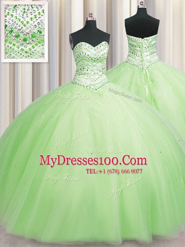 Bling-bling Big Puffy Sleeveless Floor Length Beading Lace Up Sweet 16 Quinceanera Dress with Yellow Green