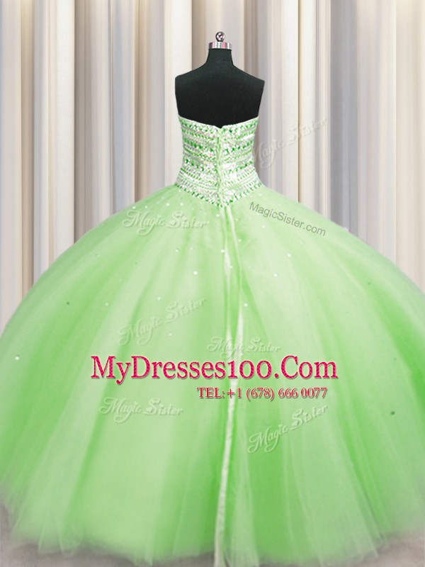 Bling-bling Big Puffy Sleeveless Floor Length Beading Lace Up Sweet 16 Quinceanera Dress with Yellow Green