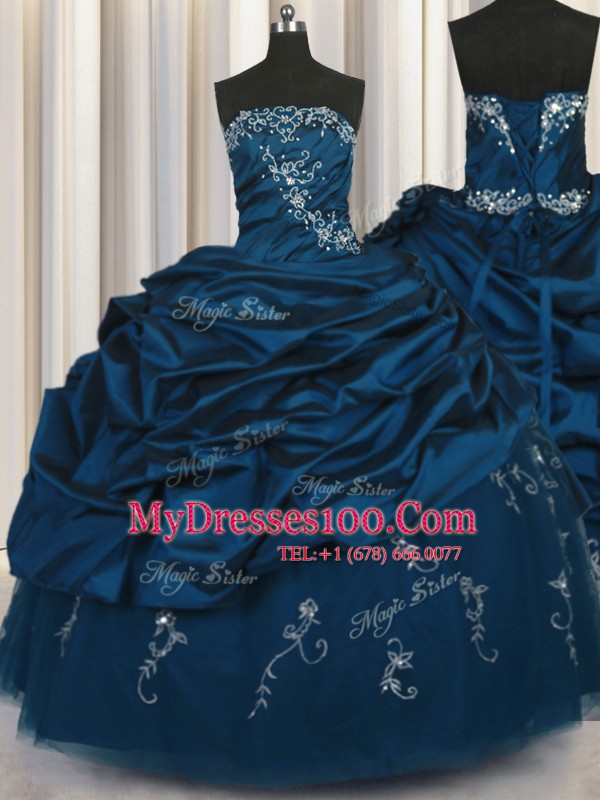 Best Selling Teal Ball Gowns Beading and Appliques and Embroidery and Pick Ups Sweet 16 Dresses Lace Up Taffeta Sleeveless Floor Length
