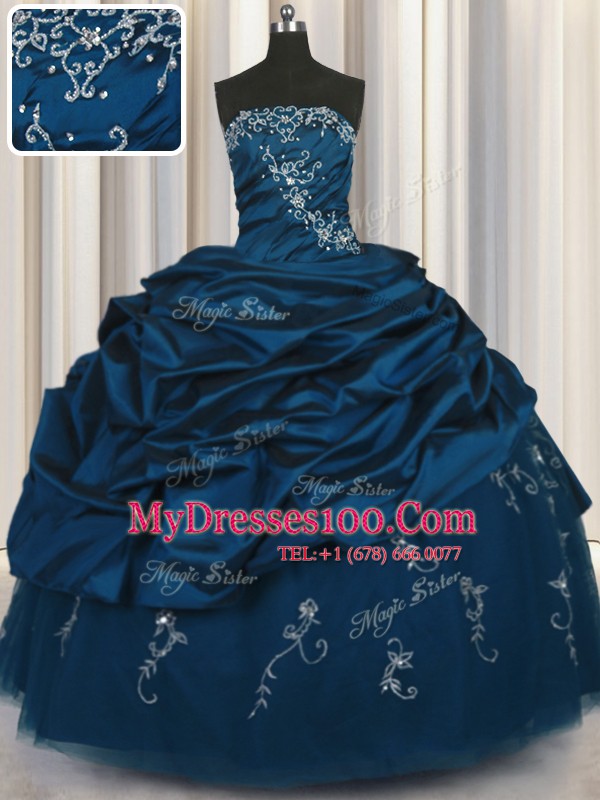 Best Selling Teal Ball Gowns Beading and Appliques and Embroidery and Pick Ups Sweet 16 Dresses Lace Up Taffeta Sleeveless Floor Length