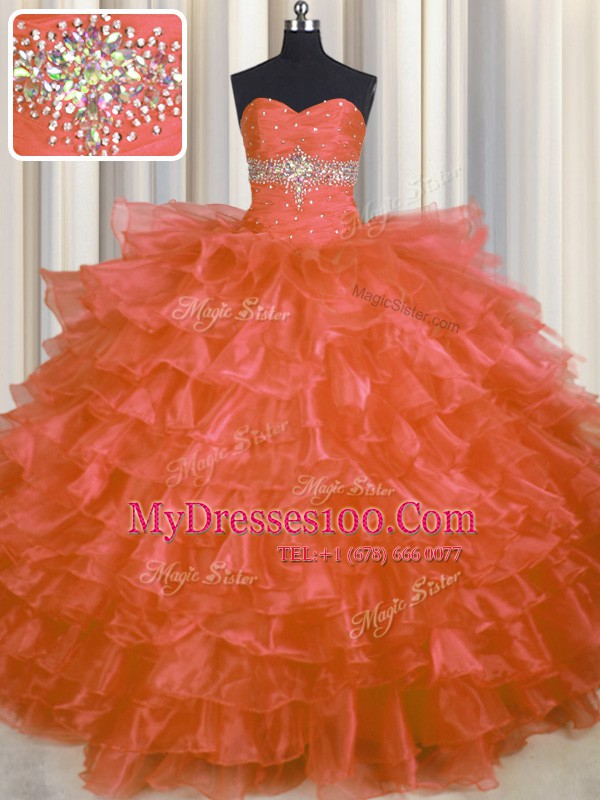 Ruffled Layers Floor Length Ball Gowns Sleeveless Orange Red Vestidos de Quinceanera Lace Up
