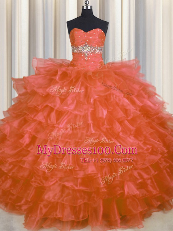 Ruffled Layers Floor Length Ball Gowns Sleeveless Orange Red Vestidos de Quinceanera Lace Up