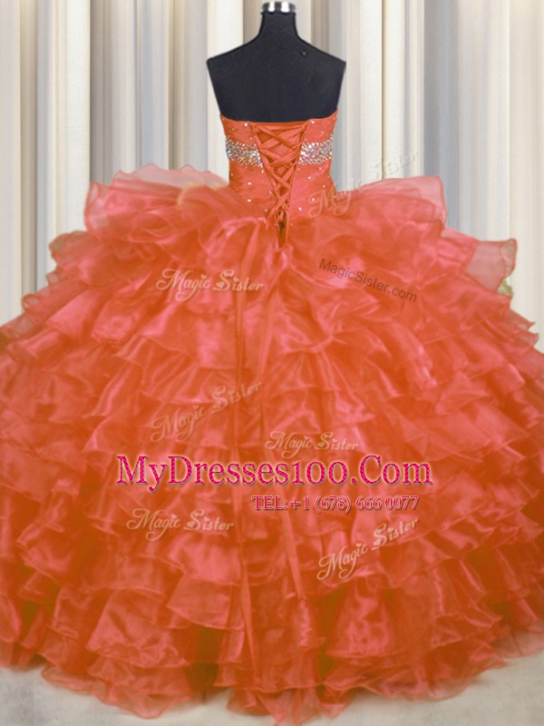 Ruffled Layers Floor Length Ball Gowns Sleeveless Orange Red Vestidos de Quinceanera Lace Up